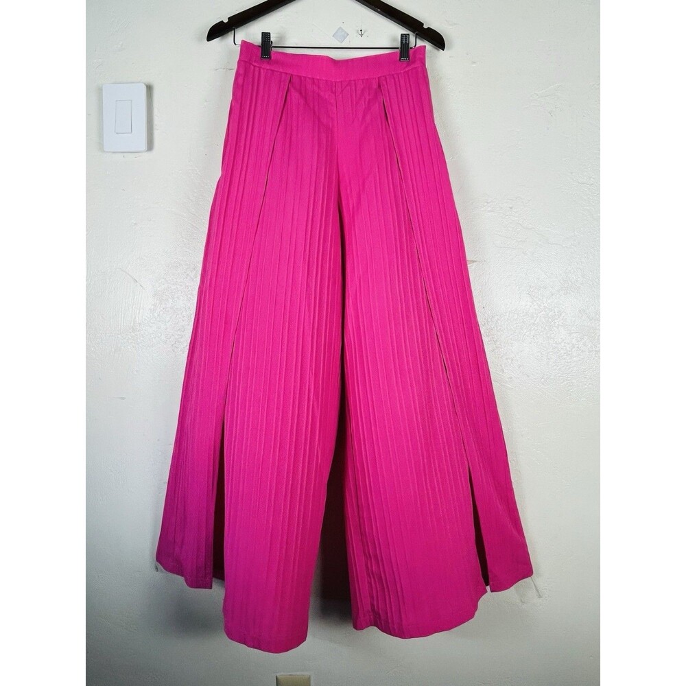 Women’s Hot Pink Pleated Wide Leg Wrap Palazzo Pants Boho Resort L - Picture 12 of 16